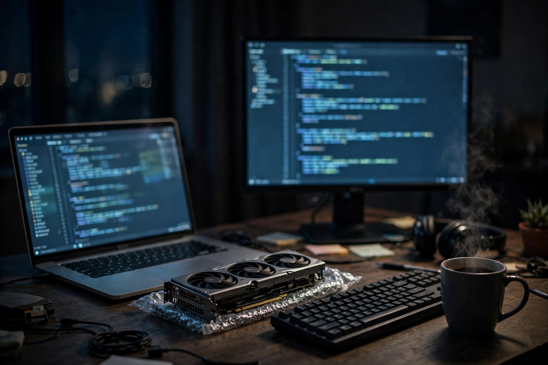 Developer workspace with a laptop and monitor showing driver code and an AMD graphics card on the desk
