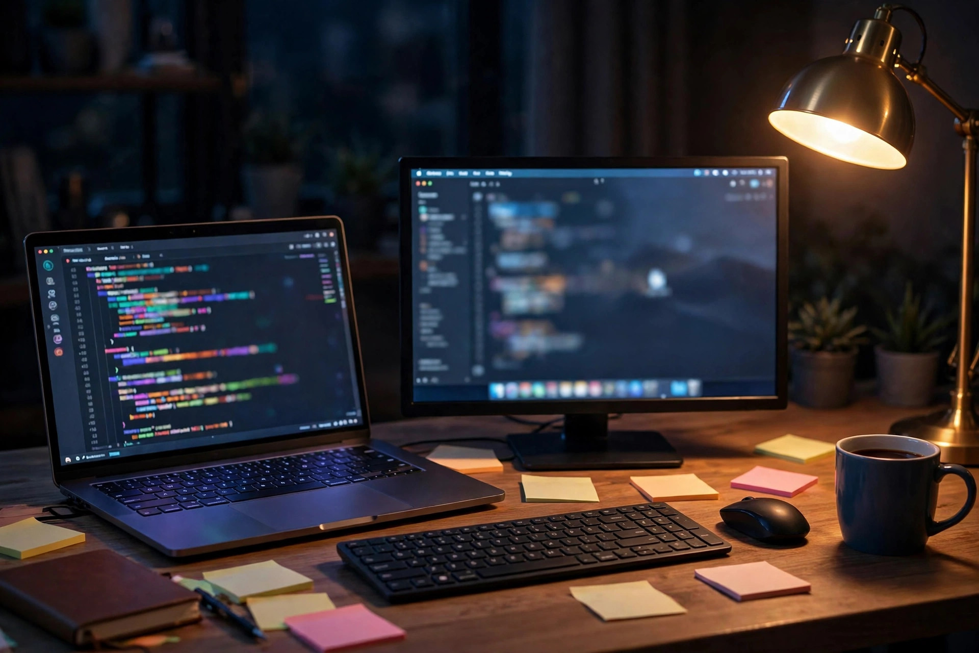 Developer workspace with a laptop and monitor, building open source Hackintosh drivers