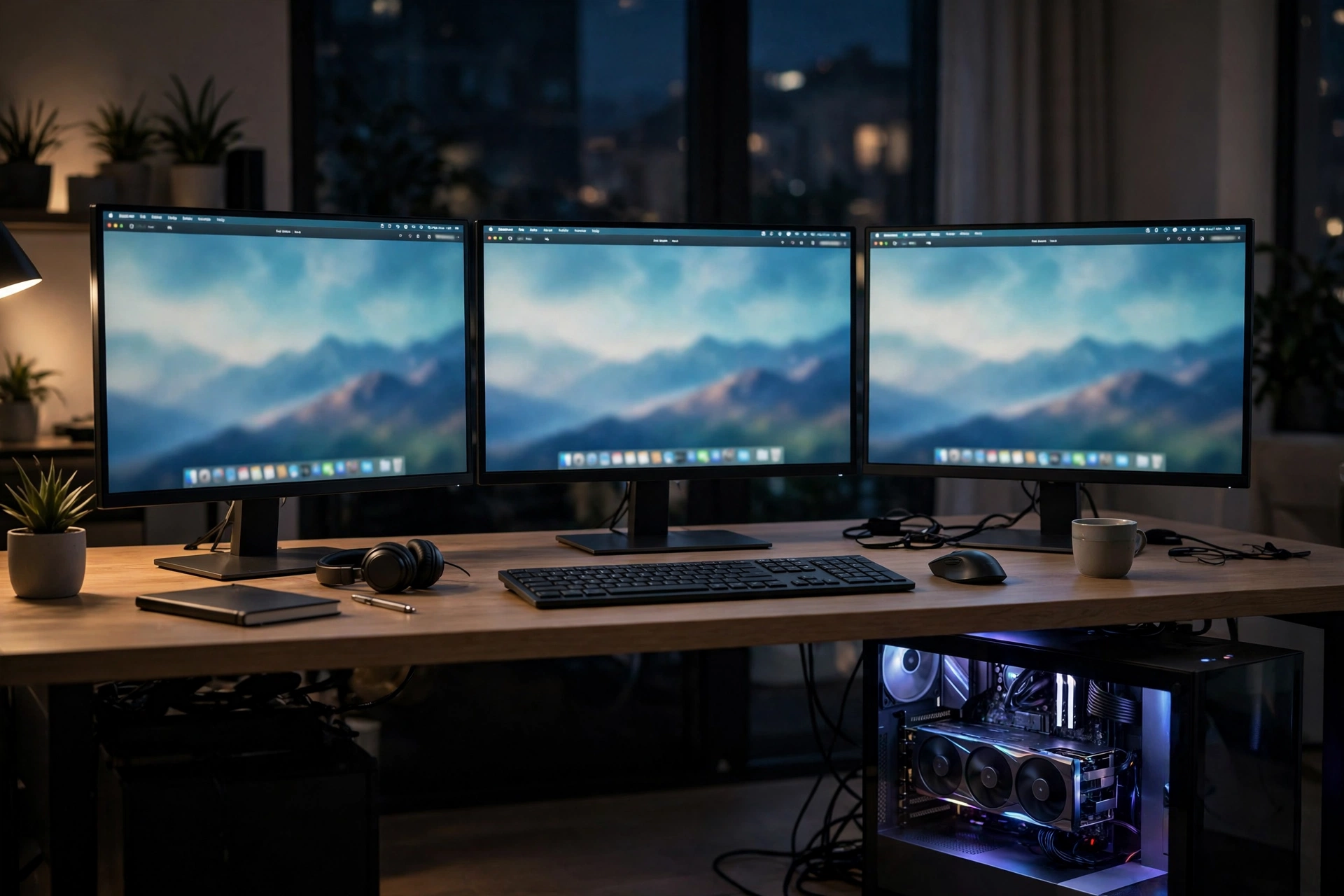 Three monitors showing a macOS desktop, powered by an AMD RX 9070 XT graphics card running Cobalt64